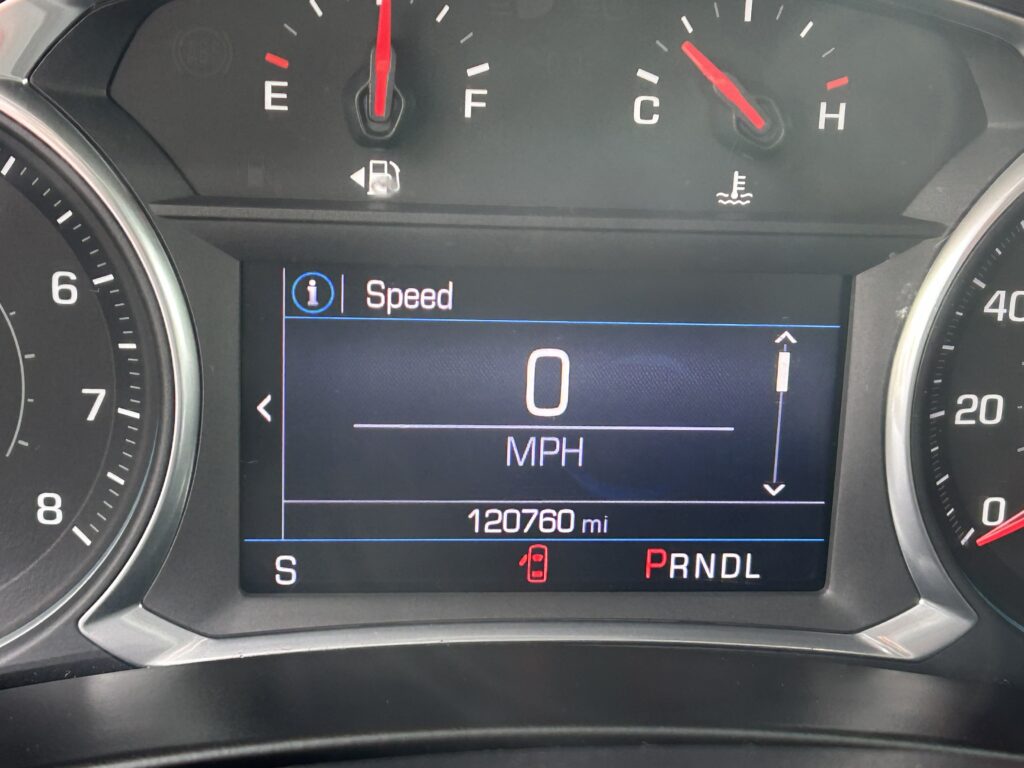Digital speedometer shows 0 MPH with odometer at 120,760 miles and gear in Park (P).