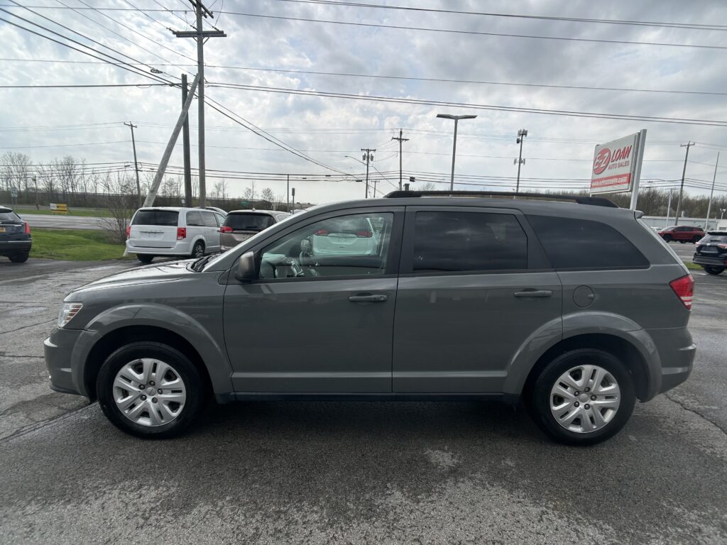 Gray SUV in a dealership parking lot with power lines overhead and an EZ Loan Auto Sales sign in the background.