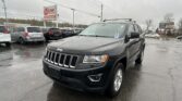 Gray Jeep SUV parked in a rainy parking lot with wet pavement and other cars in the background, advertising signs for auto sales in the distance.