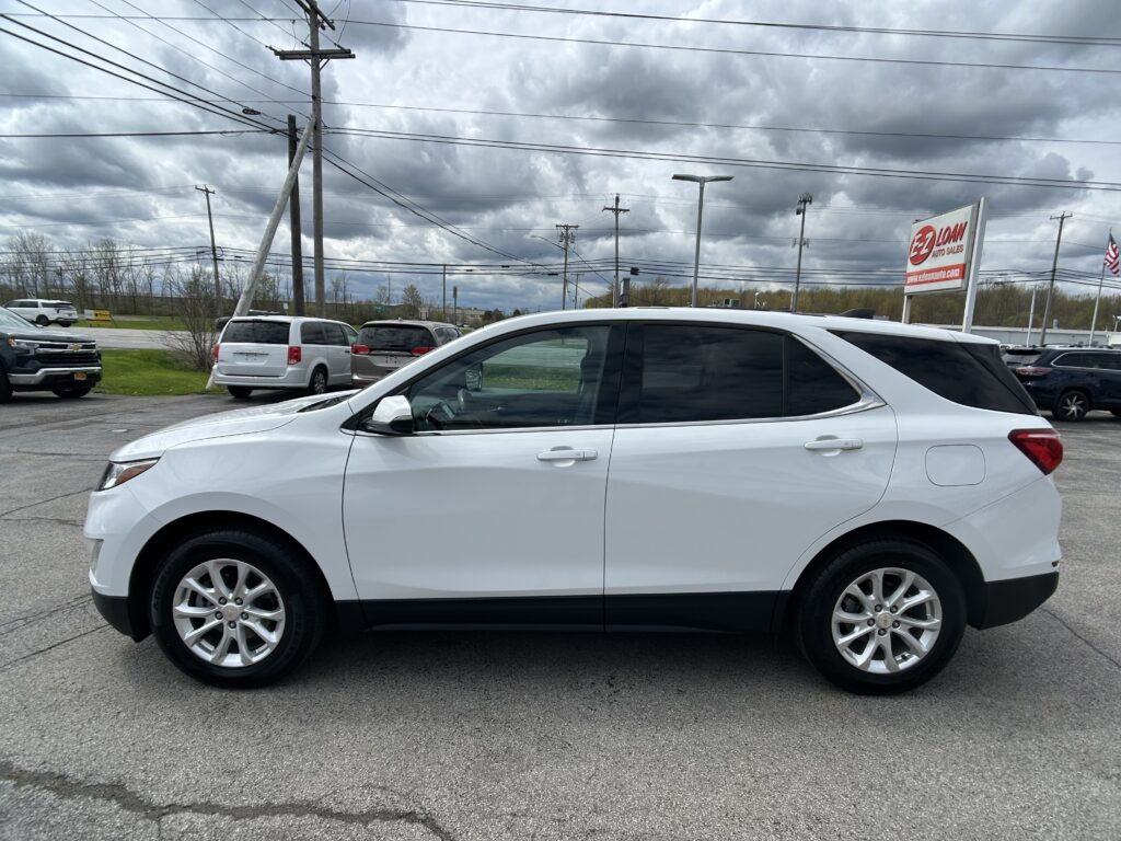 White SUV in foreground of a car lot with other vehicles, a sign reading 'EZ Loan Auto Sales' in the background against a cloudy sky.