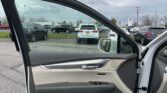 Open car door revealing beige interior door panel and window, with a car dealership lot in the background under cloudy sky