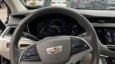 View from the driver’s seat in a Cadillac, steering wheel and dashboard in the foreground with a crowded car lot seen through the windshield.