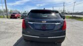 Rear view of a dark Cadillac SUV (XTS) in a parking lot with other vehicles and a blue sky above, power lines crossing the scene.