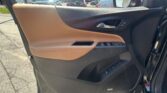 Open car door interior: tan and black door panel with chrome handle and window/lock controls; dealership lot visible outside side window.