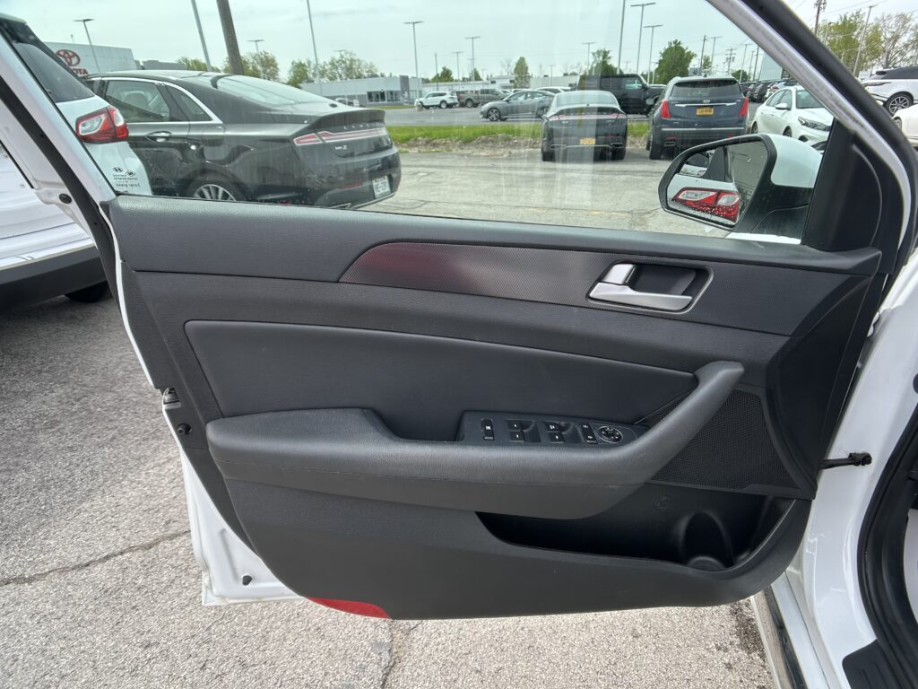 Interior of a car door with window controls, open to a parking lot filled with many parked cars at a dealership.