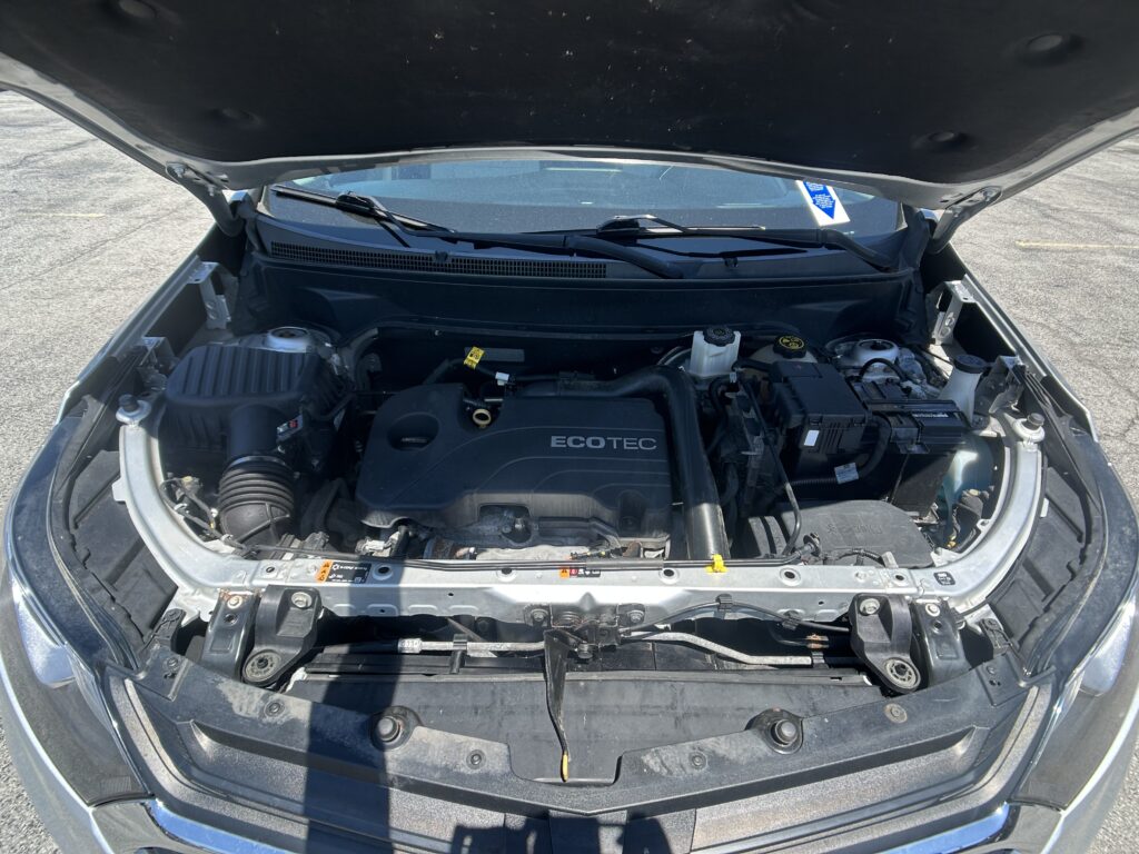 Car with hood open, engine bay visible including ECOTEC engine cover and battery in daylight