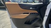 Interior view of a car door panel with tan and black trim, window controls, and chrome door handle; parking lot visible outside the window.