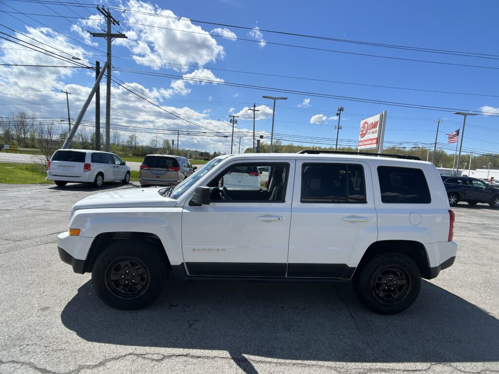 White SUV parked in a lot with utility poles and numerous power lines against a blue sky with scattered clouds; dealership signage visible in the background.