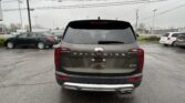 Rear view of a dark gray Kia Telluride in a parking lot on a cloudy day, with power lines overhead and other cars around it.