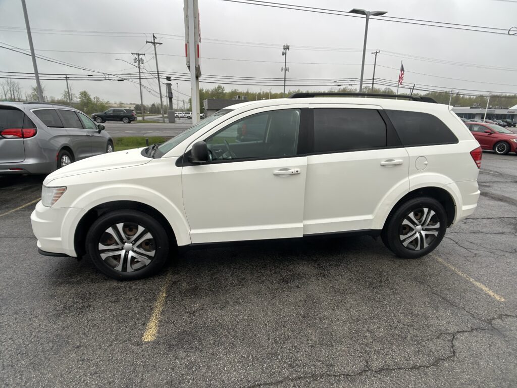 White SUV parked diagonally in a lot with other vehicles and power lines overhead on a cloudy day.