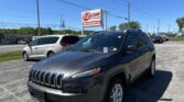 Foregrounded gray Jeep SUV in a dealership lot with an EZ LOAN AUTO SALES sign in the background against a clear blue sky