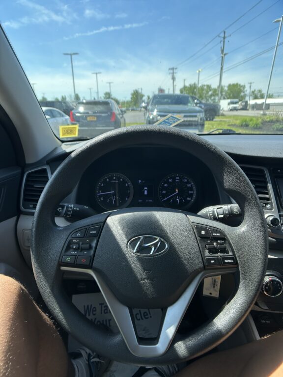 Front-seat view of a car: steering wheel and dashboard, with a dealership lot full of cars outside on a sunny day.
