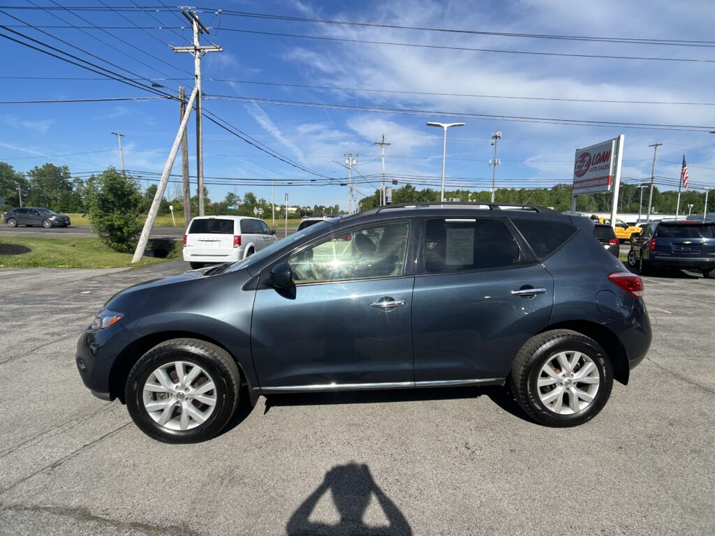 Blue SUV in foreground at a car dealership lot with power lines overhead and a red EZ LOAN Auto Sales sign in the background.