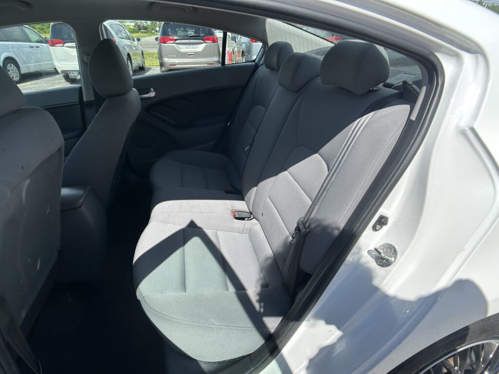 Backseat of a gray car with fabric seats; parking lot visible through windows outside the car doors.