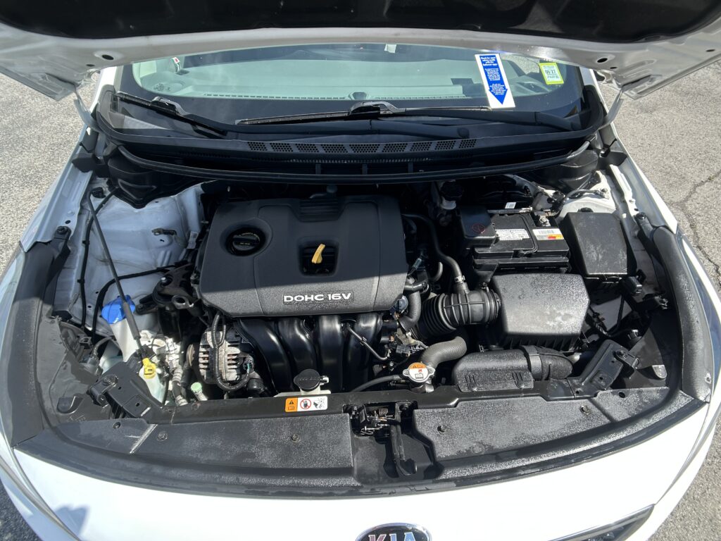 Under-hood view of a white Kia, showing the engine bay with a DOHC 16V engine cover and battery on the passenger side
