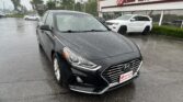 Black Hyundai sedan in a rain-soaked car lot in front of EZ Loan Auto Sales storefront with a white SUV nearby.