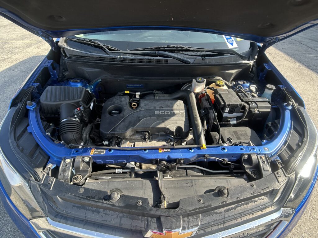 Car hood raised showing the engine compartment with an ECOTEC engine, battery, coolant reservoir, and various hoses and belts.