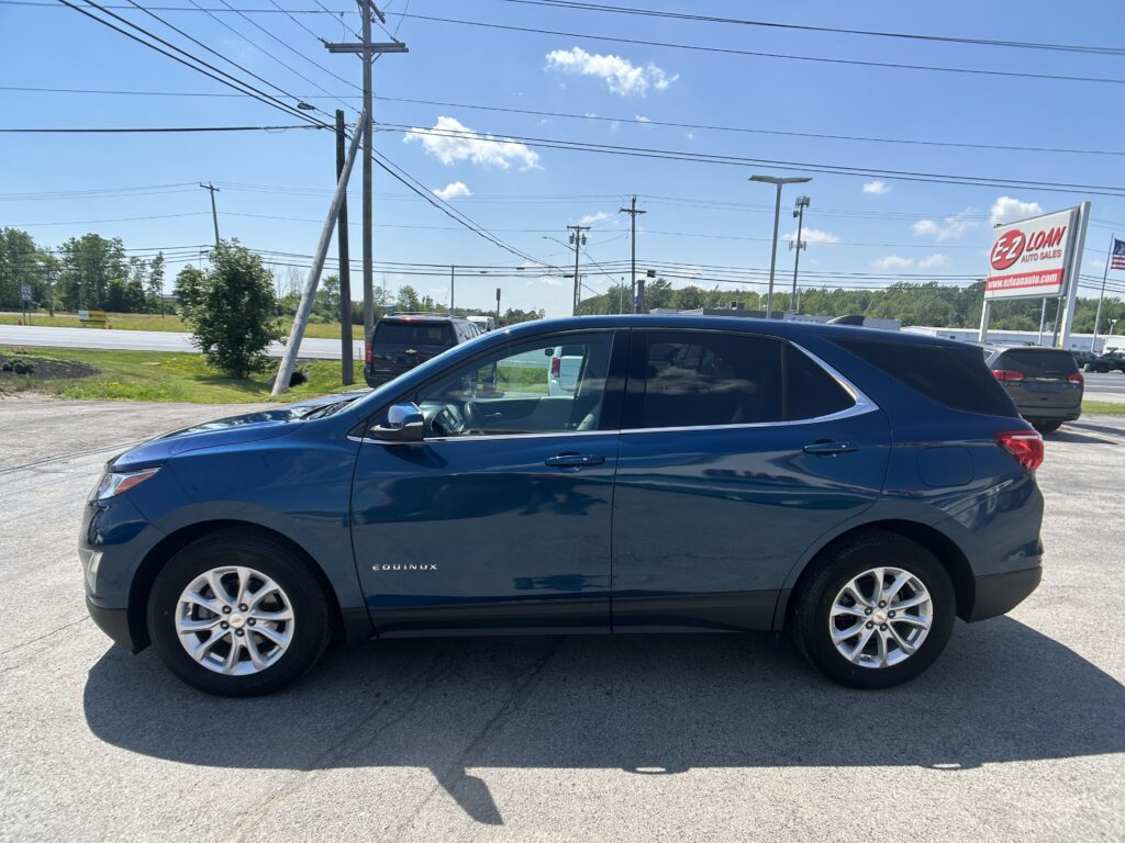 Blue Buick Enclave SUV seen in a parking lot with power lines and an E-Z Loan Auto Sales sign in the background, taken from the passenger side front area.