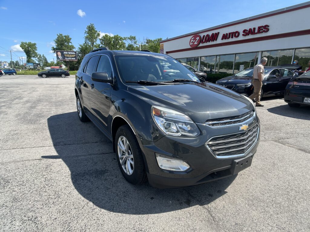 Grey SUV foreground at a used car lot with an EZ Loan Auto Sales building in the background and people inspecting cars under a blue sky.
