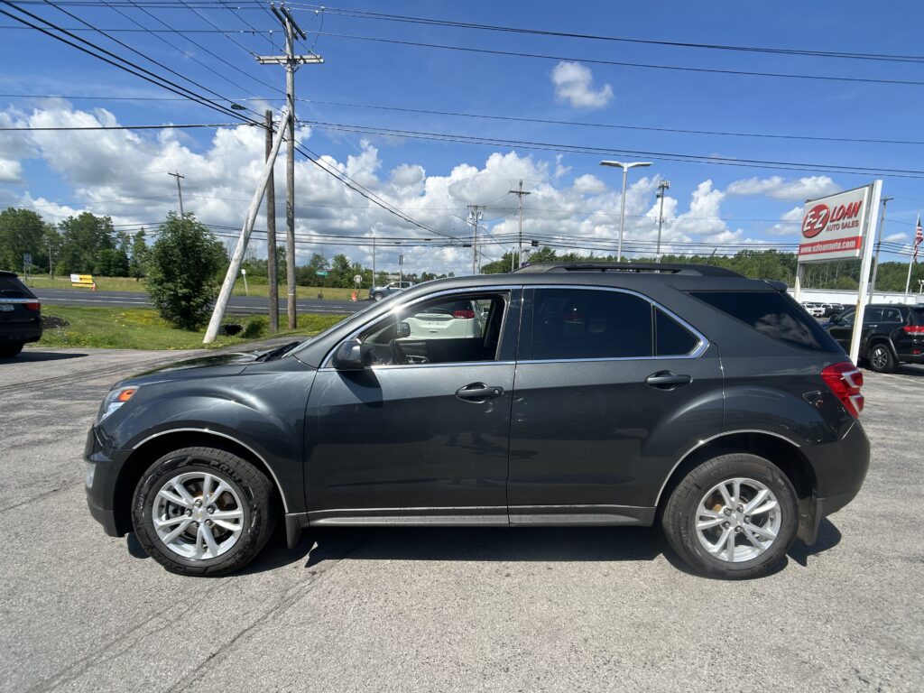 Dark gray SUV in a dealership lot with utility poles and a blue sky in the background, including an EZ LOAN Auto Sales sign far away.