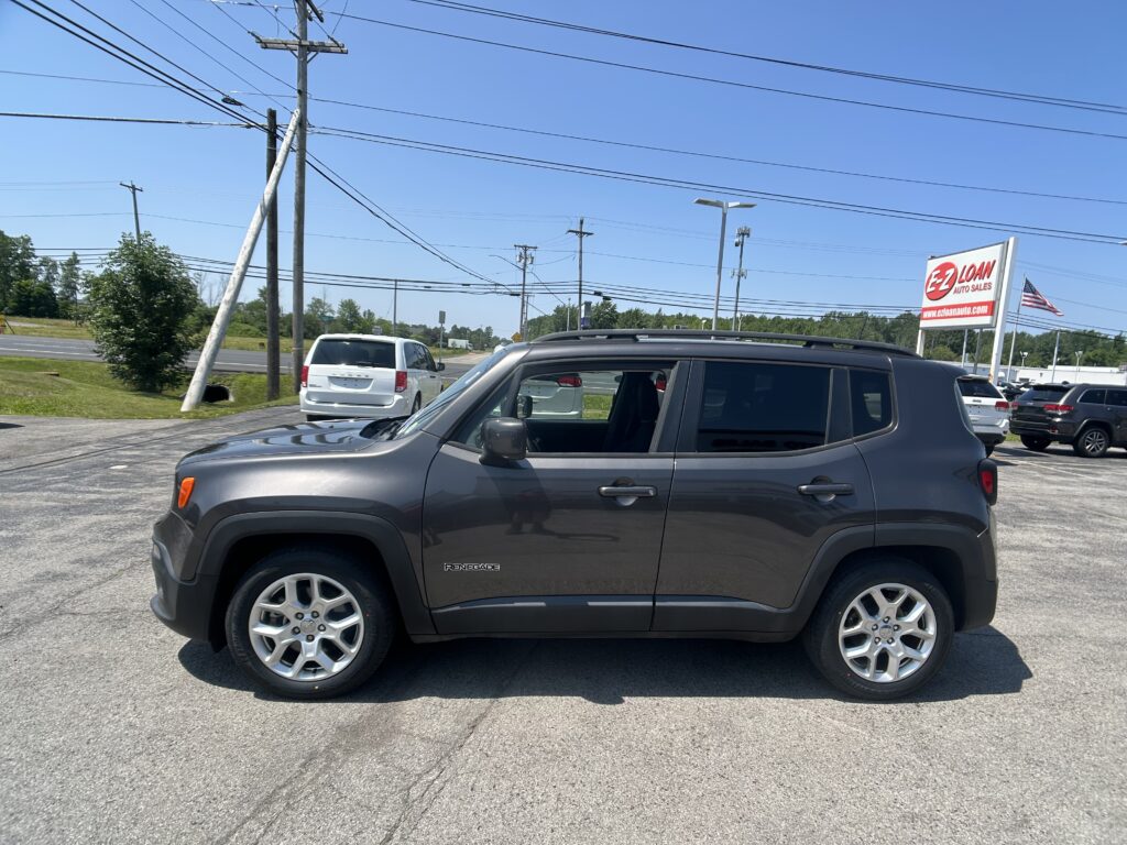 Gray Jeep Renegade parked in a dealership lot with power lines overhead and a blue sky above.