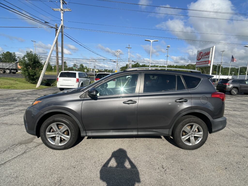 Gray SUV in the foreground of a car lot, with power lines overhead and an EZ LOAN Auto Sales sign in the background alongside an American flag.