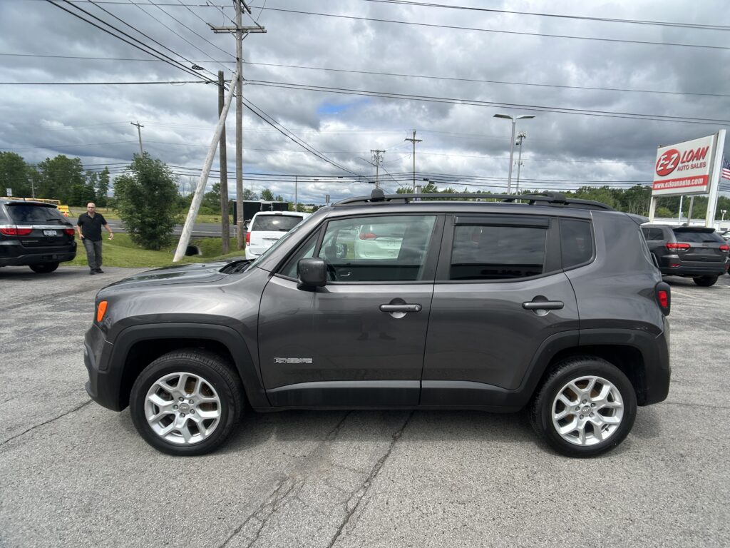 Gray SUV in a dealership parking lot with a man walking nearby and an EZ Loan Auto Sales sign in the distance under a cloudy sky. Overhead power lines are visible.