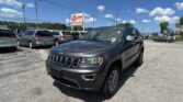 Gray Jeep Grand Cherokee in the foreground at a car dealership, with an EZ Loan Auto Sales sign and blue sky.