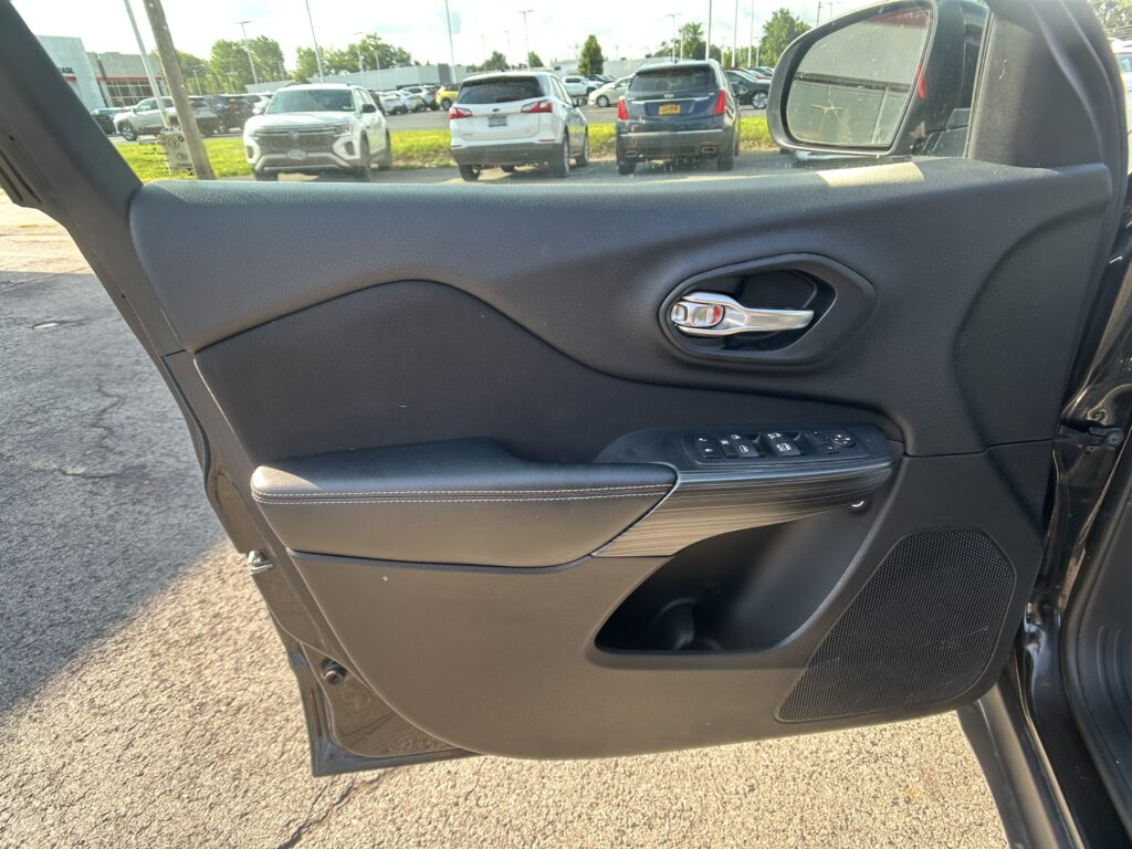 Car door interior: black padded panel with chrome door handle and window controls; outside view shows a parking lot with cars across the lot.