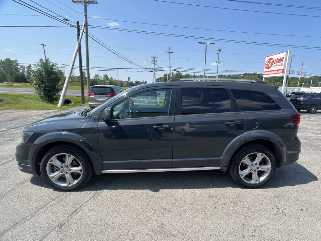 Dark gray SUV parked in a lot with power lines and a dealership sign in the background reading 'EZ Loan Auto Sales' on a sunny day.