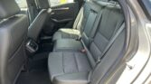 Rear interior of a car with black leather seats, headrests, and three seat belts; view of parked cars outside through the windows.